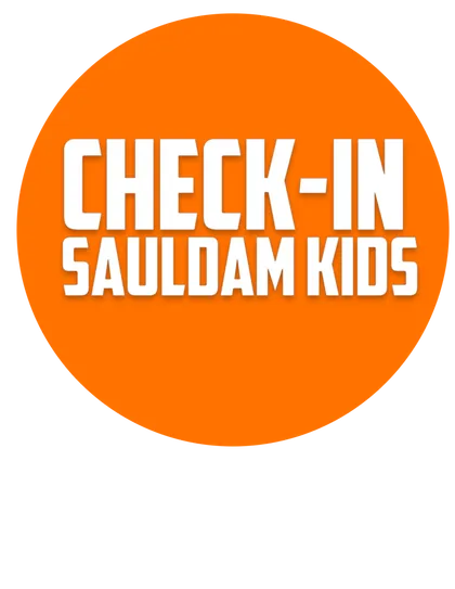 A Sauldam Kids check-in sign showing the sticker identification system.